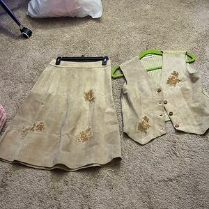 70s tan suede vest and skirt. Ms. Today-vintage brand. No size on garment.